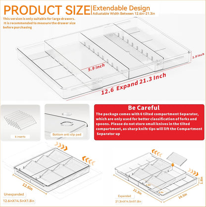 Yieach Clear Expandable Silverware Drawer Organizer - Adjust From 11'' to 22'' - Knife,Cutlery,Spoons and Forks Organizer,Large 8 Grid Flatware,Silverware Tray,Utensil Organizer for Kitchen Drawers
