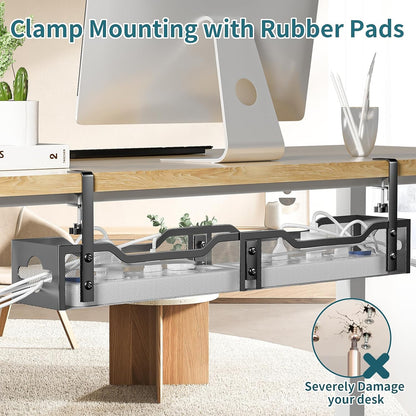 Under Desk Cable Management Tray No Drill, Metal Mesh Cable Management Under Desk with Clamp Mount, 2 Hole Cable Tray with Wire Management and Cord Organizer for Home Office Standing Desk