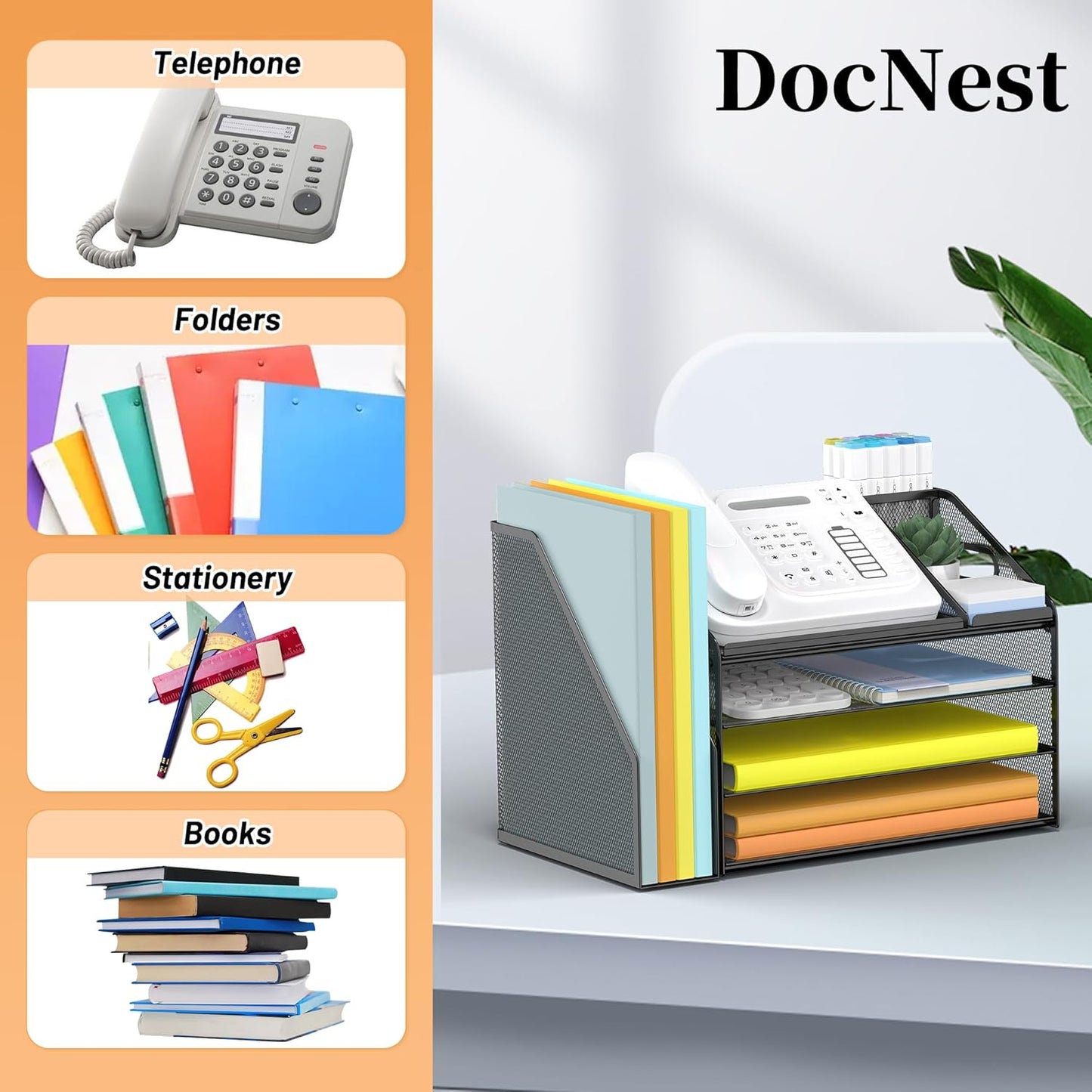 DocNest 4 Tier Metal Mesh Letter Tray - Space Saving Desk File Organizer with Handle, Pen Holder & Folder Holder - Desktop Document Sorter for Office, Home, School, Classroom - Black