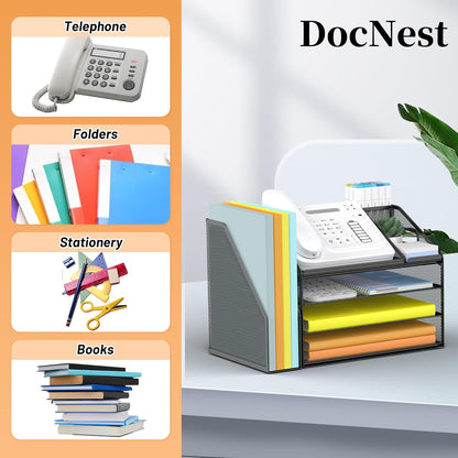 DocNest 4 Tier Metal Mesh Letter Tray - Space Saving Desk File Organizer with Handle, Pen Holder & Folder Holder - Desktop Document Sorter for Office, Home, School, Classroom - Black