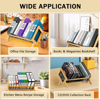 Desktop Bookshelf Bamboo Book Storage Organizer Large Magazine Holder Racks for Home Office Bedroom Tilting Bookcase for Books CDs Files Magazine Display Back to School Gift