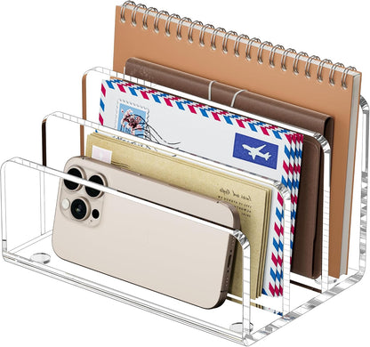 FUCDTEFC Desk Mail Organizer, 2 Section Clear Acrylic File Holder Letter Organizer, Vertical Lightweight Modern Envelope Holder Desk Accessories & Workspace Organizers for Office, Home, School
