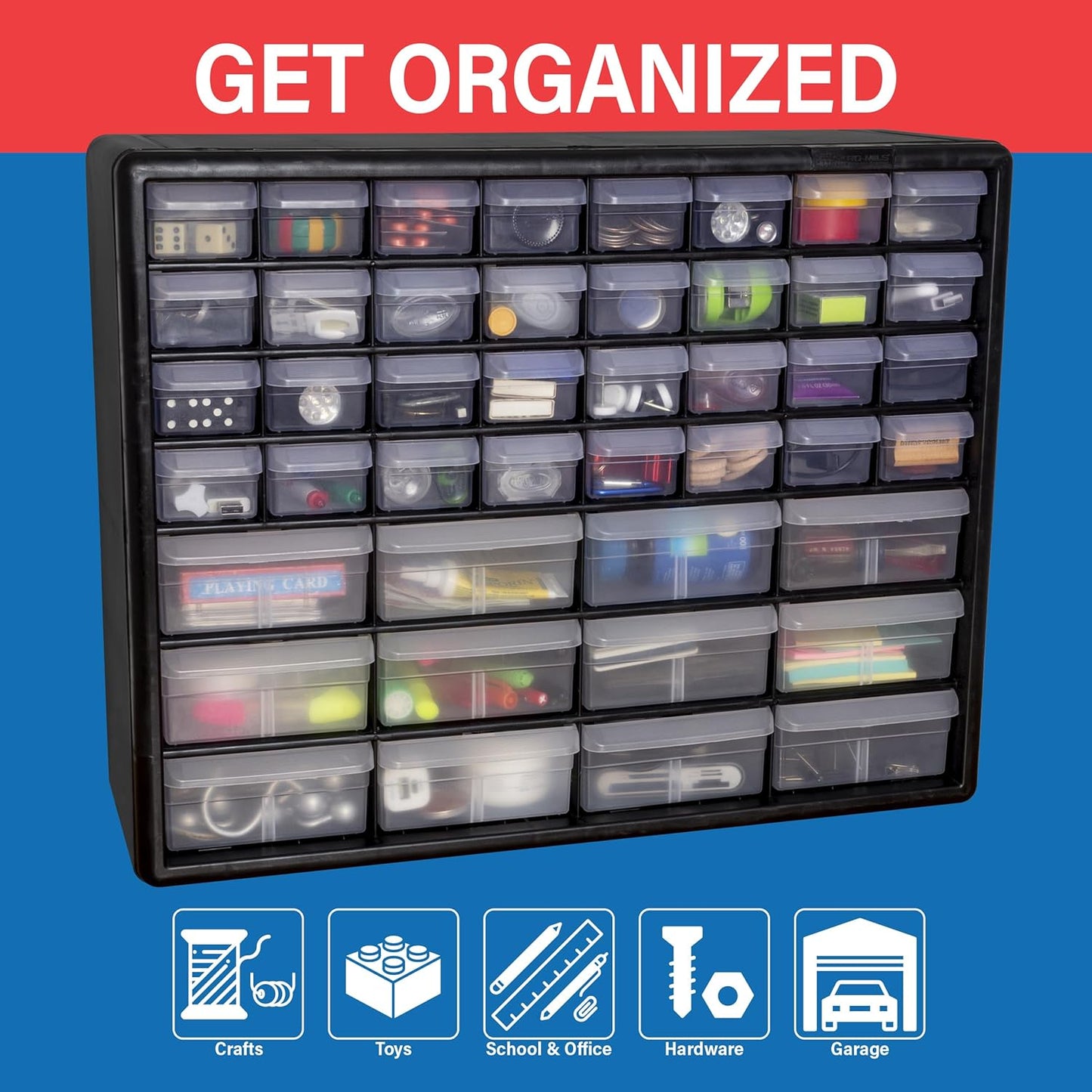 Akro-Mils 24-Drawer Plastic Drawer Storage Cabinet for Garage Organization, Bead Organizer, Building Bricks Storage, Teacher Toolbox, Makeup Organizer, 20" W x 6" D x 16" H, 10124 Black