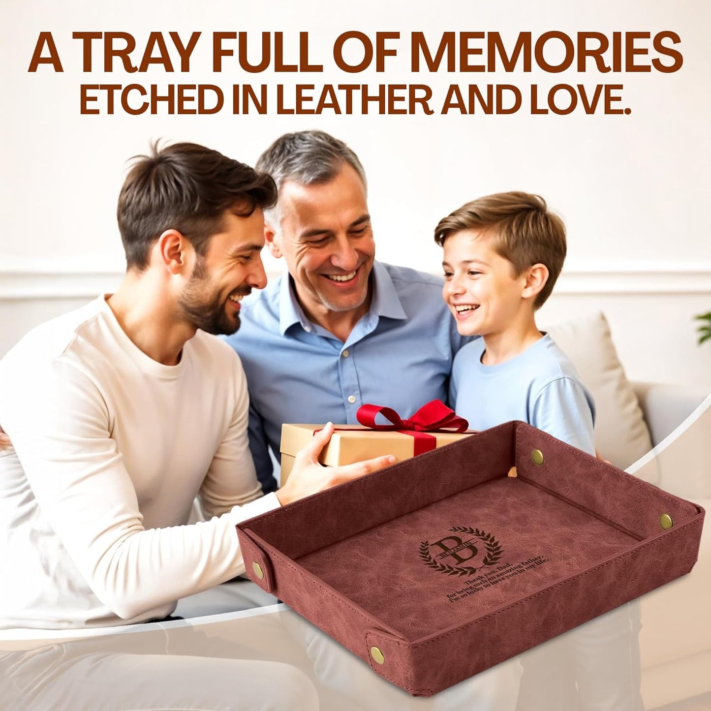 Engraved Leather Valet Tray for Men – Personalized Catchall with Custom Name for Desk, Dresser, Nightstand – Men's Organizer Tray for Keys, Wallet, Jewelry, Personalized Gift for Home, Office - Coffee
