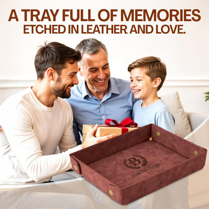 Engraved Leather Valet Tray for Men – Personalized Catchall with Custom Name for Desk, Dresser, Nightstand – Men's Organizer Tray for Keys, Wallet, Jewelry, Personalized Gift for Home, Office - Coffee