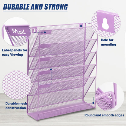 EASEPRES Desk File Organizer Mesh 6-Tier, Hanging Wall Mount Document Organization Stand, Desktop Vertical Mail Paper Folder Holder Rack with Bottom Tray for Office Home Cubicle Countertop, Black