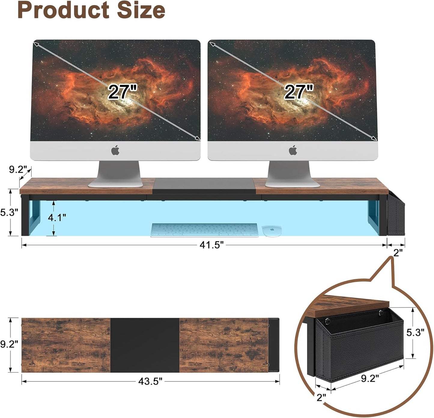 LAND·VOI Heavy Duty Dual Monitor Stand, Holds 2 Screens Up to 27 Inches, Adjustable Length and Angle Monitor Riser, Desk Organizer with Side Pockets and Drawers, Home Office Desk Storage, Rustic Brown