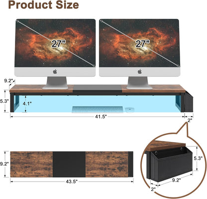 LAND·VOI Heavy Duty Dual Monitor Stand, Holds 2 Screens Up to 27 Inches, Adjustable Length and Angle Monitor Riser, Desk Organizer with Side Pockets and Drawers, Home Office Desk Storage, Rustic Brown