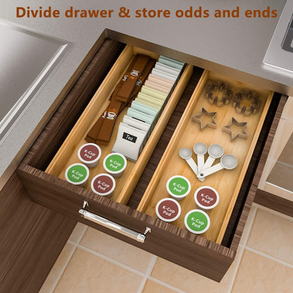 Bamboo Kitchen Drawer Organizer,Stackable Silverware Tray Utensil Organizer Cutlery Holder for Kitchen,Wooden Storage Box for Bathroom, Multi-Use Drawer Organizer for Office,Makeup(12x6x2.5 inch）