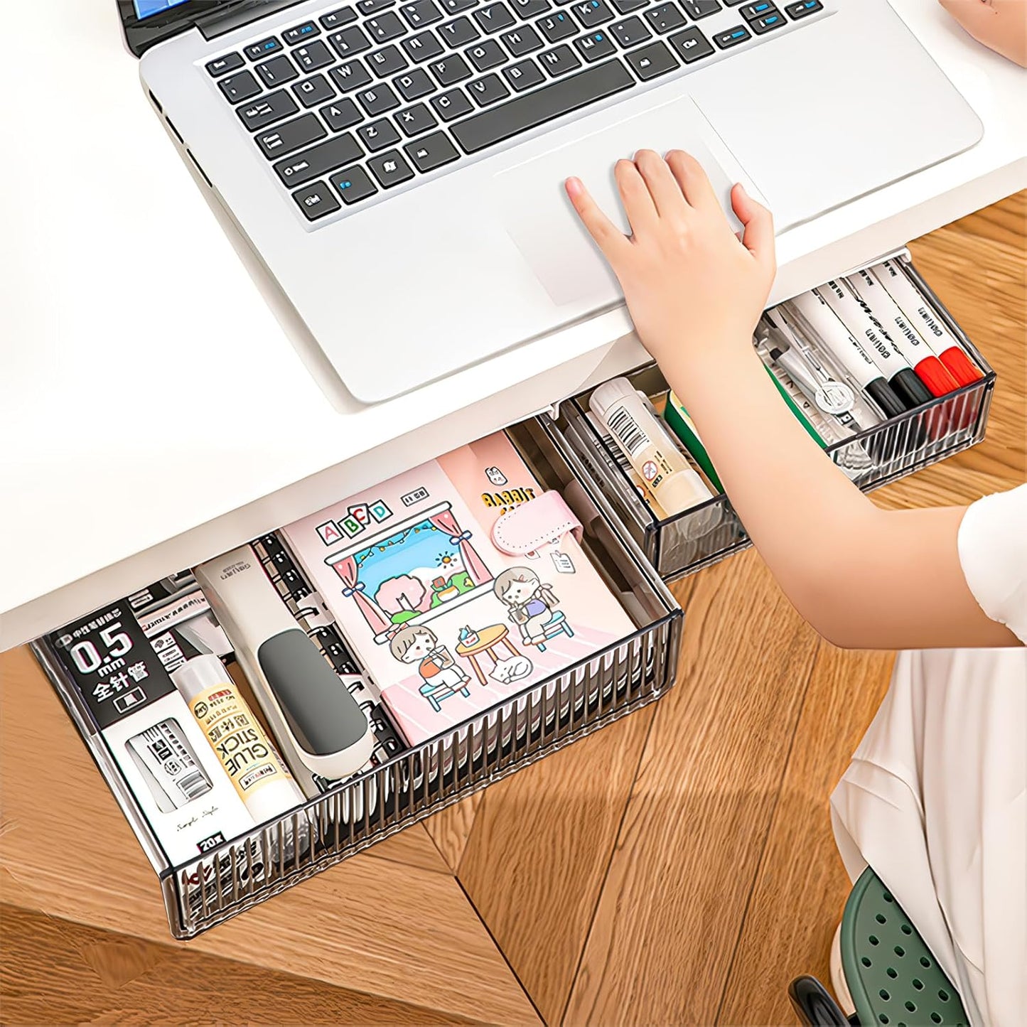 2Pcs Under Desk Storage Drawers Slide Out,Large&Medium, Stick On Desk Drawer Organizer Hidden Under Table Drawer for Home Office School Organization and Storage-Transparent Black