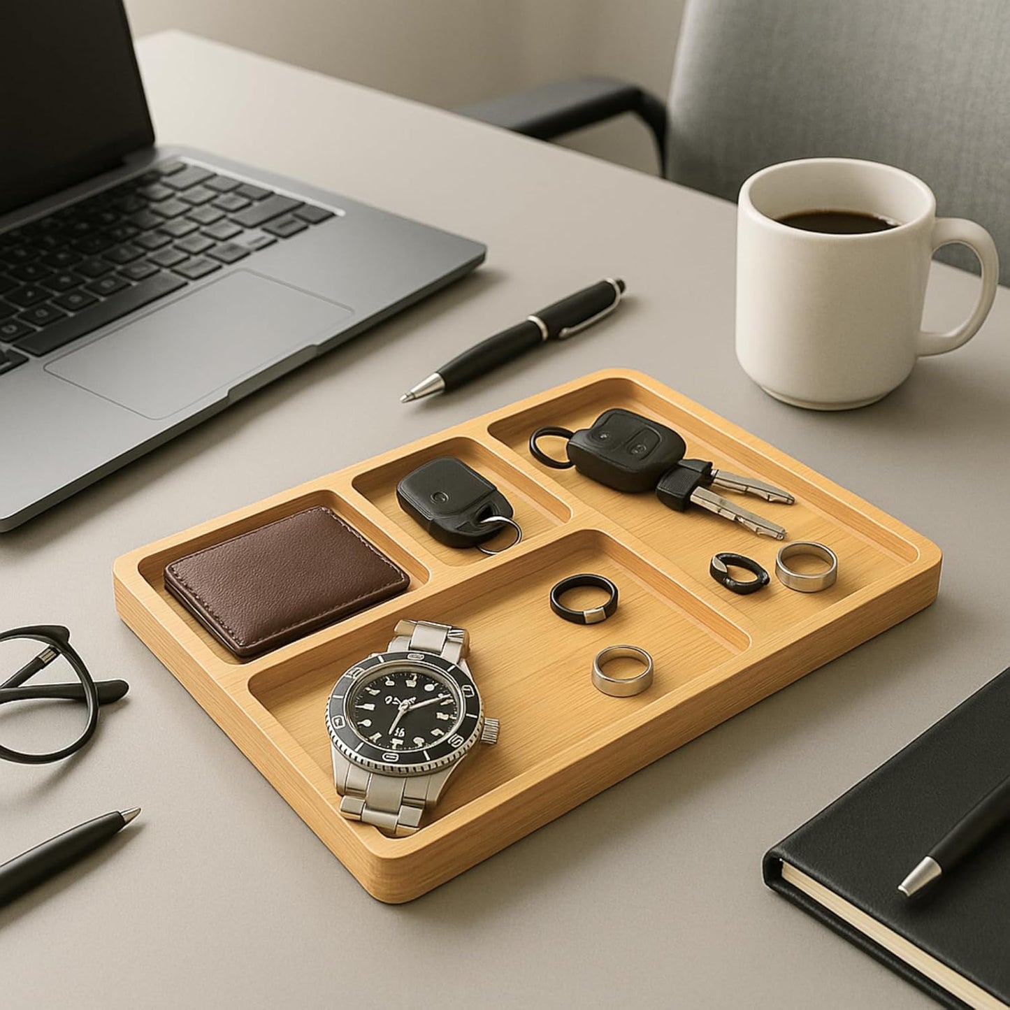 YELLOW LOTUS Bamboo Wood Valet Tray for Men - Wooden Mens Valet Tray Organizer for Nightstand Dresser, Entryway Catch All Desk Storage For Key Wallet Phone Jewelry Watch, Father's Day Gift, Brown