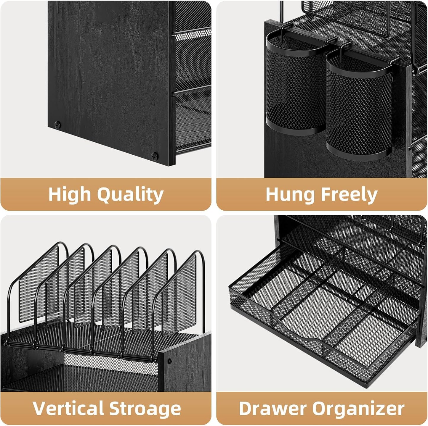 Marbrasse Desk Organizer with Drawer, 4-Tier Mesh File Organizer with 5 Vertical File Holders and 2 Pen Holders, Multifunction Desktop Organizer,Desk Organizers and Accessories for Home Office