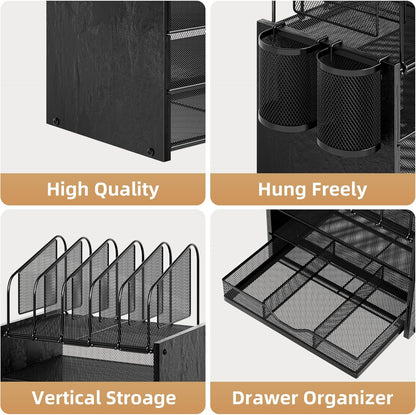 Marbrasse Desk Organizer with Drawer, 4-Tier Mesh File Organizer with 5 Vertical File Holders and 2 Pen Holders, Multifunction Desktop Organizer,Desk Organizers and Accessories for Home Office