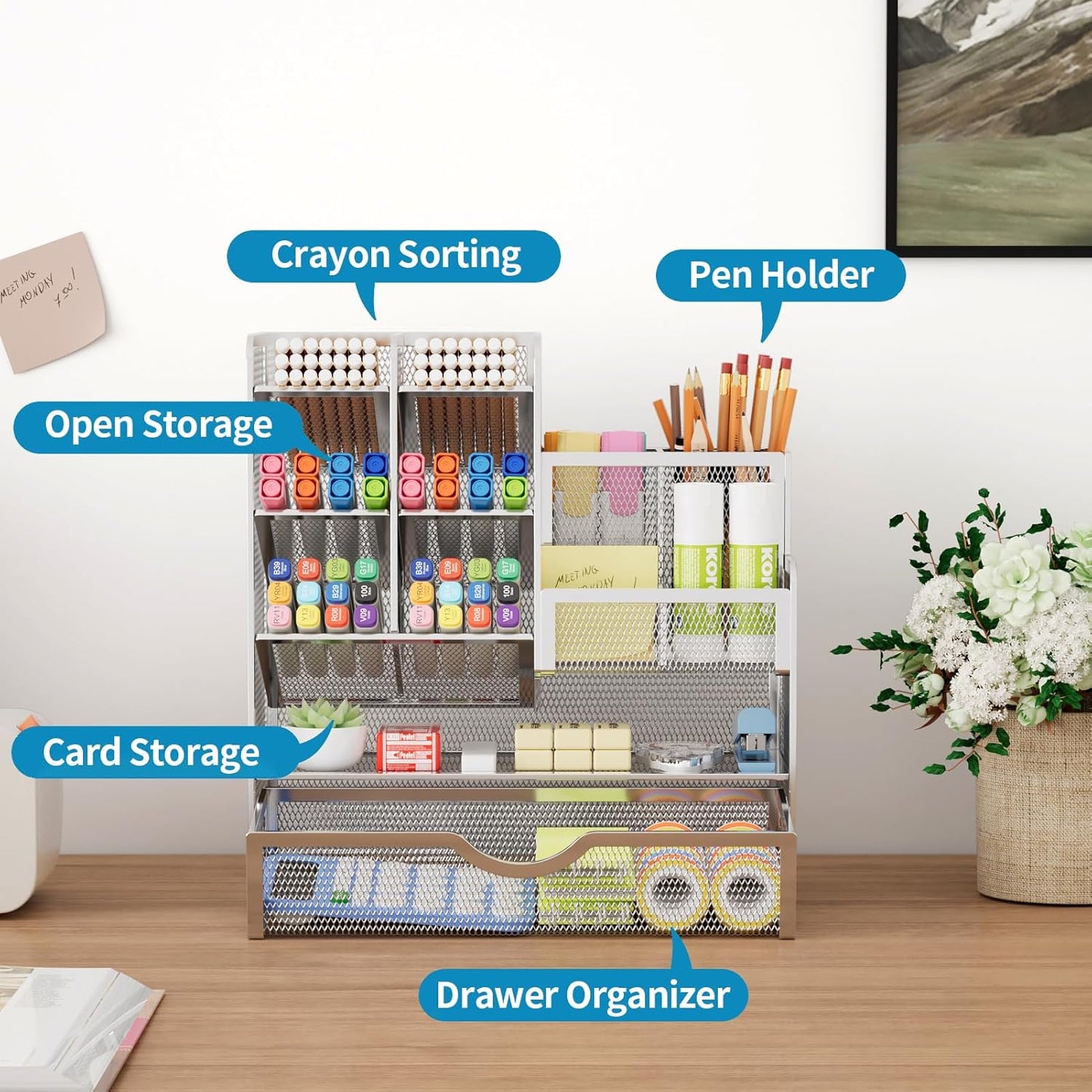 Marbrasse Mesh Pen Holder for Desk, Multi-Functional Pencil Organizer with Drawer, Desk Organizers and Accessories for Office Art Supplies (Black)