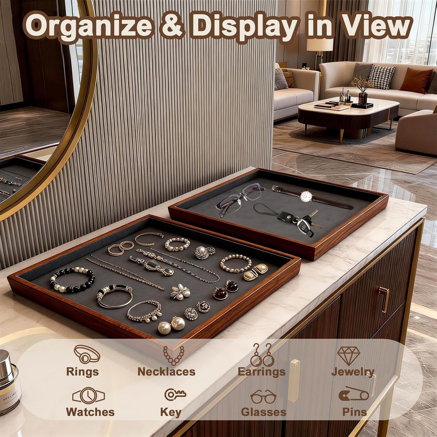 Large Solid Wood Jewelry Watch Tray, Velvet Jewelry Board Display Trays for Key Wallet Ring，Stackable Wooden Jewelry Drawer Organizer Showcase Jewelry Holder(Royal Blue)