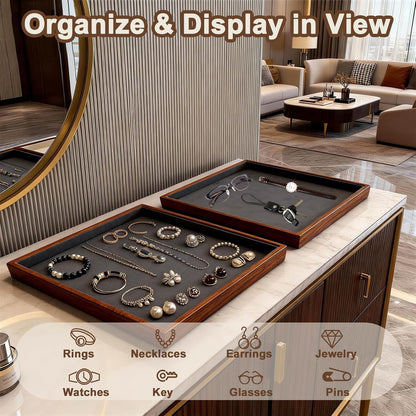 Large Solid Wood Jewelry Watch Tray, Velvet Jewelry Board Display Trays for Key Wallet Ring，Stackable Wooden Jewelry Drawer Organizer Showcase Jewelry Holder(Royal Blue)