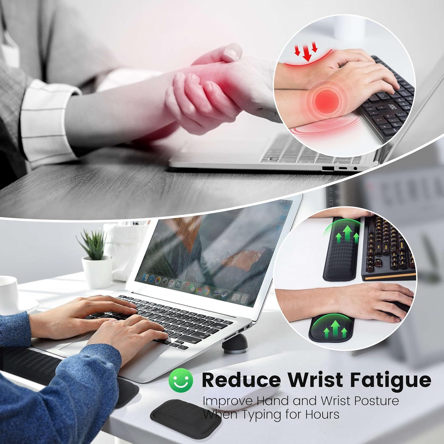MEKASS Ergonomic Wrist Rest for Keyboard and Mouse, Soft Memory Foam Keyboard Wrist Rest Set with Non-Slip Silicone Base, Easy Typing, Pain Relief, Comfort for Office, Work, Gaming (Classic Black)