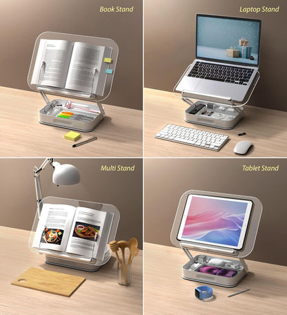 Acrylic Book Stand with Storage, 360° Rotating, Foldable Adjustable Holder with Large Storage Capacity for Reading & Tablets (Clear)