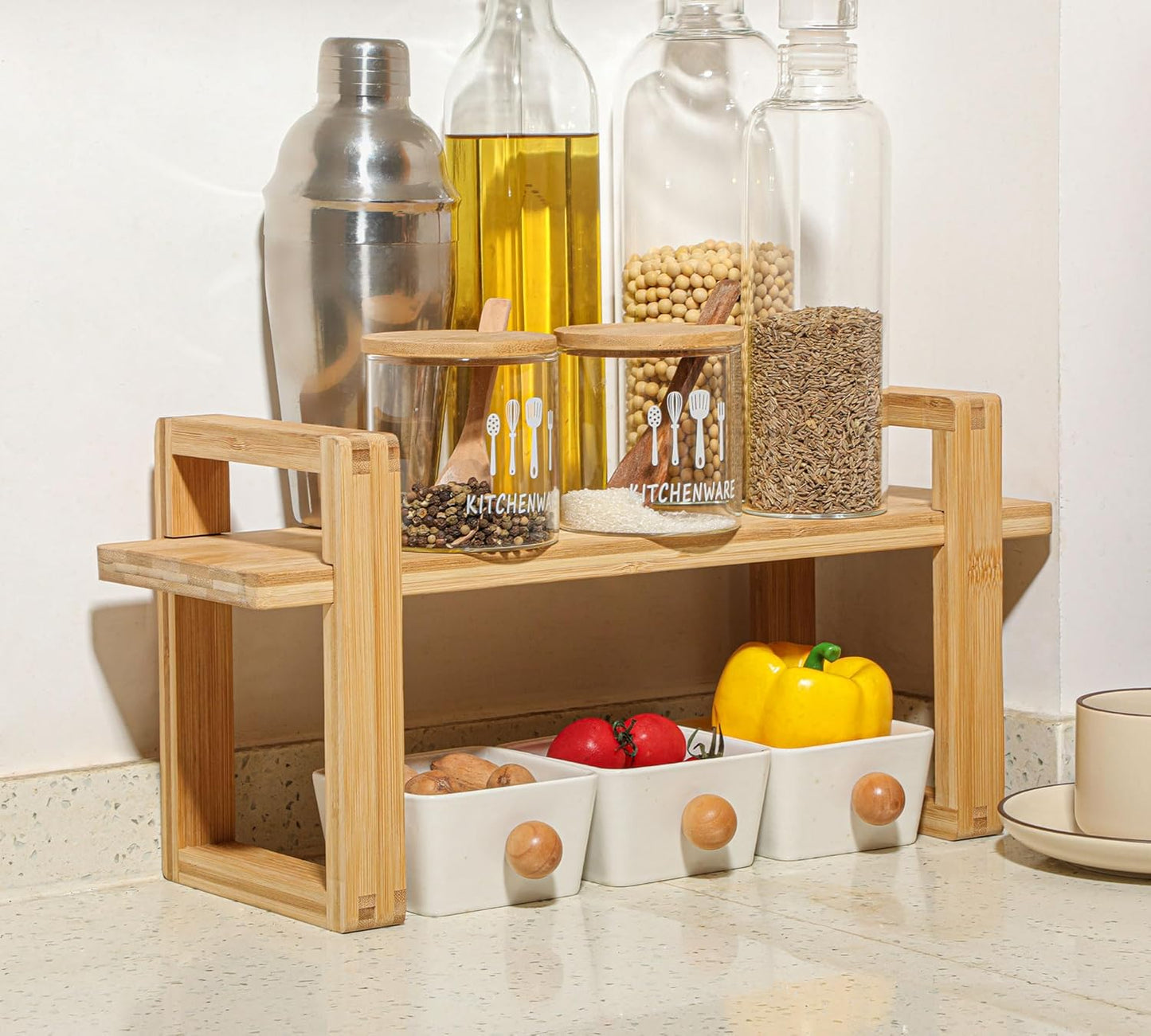Small Adjustable Desk Bookshelf Organizer – Open Bookend Shelf Flexible to Fit as Much or as Little with Slide-in Joints | Portable, Reversible for Class, Dorm, Home Office | Bamboo
