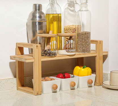 Small Adjustable Desk Bookshelf Organizer – Open Bookend Shelf Flexible to Fit as Much or as Little with Slide-in Joints | Portable, Reversible for Class, Dorm, Home Office | Bamboo