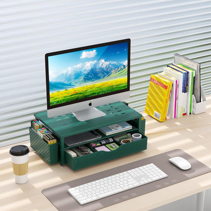 gianotter Wood Monitor Stand Riser, Office Desk Shelf Organizer, Desk Organizer with Drawer and Pen Holder, 2-Tier Computer Stand, Office Organization (Ink)