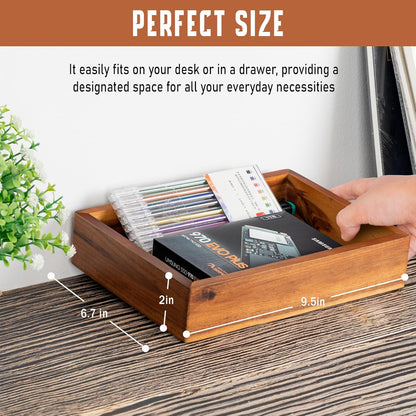 Demigo Acacia Wood Desk Organizer Tray - 9.5x6.7x2 Inch Letter & Stationery Holder for Office, Entryway, Desktop - Natural Wood Catchall for Pens, Mail, Keys
