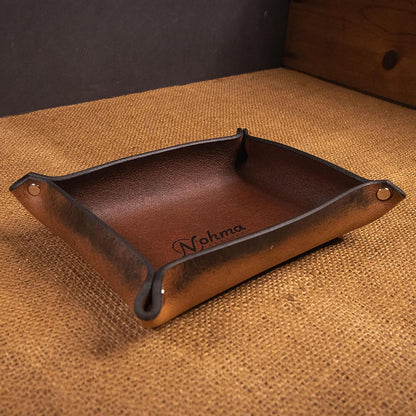 Valet Tray – Full-Grain Leather Catchall Organizer for Keys, Phone & Wallet – Rustic Nightstand & Desk Tray with Raised Sides – Handmade in USA (Vintage Brown, Small Rectangle)