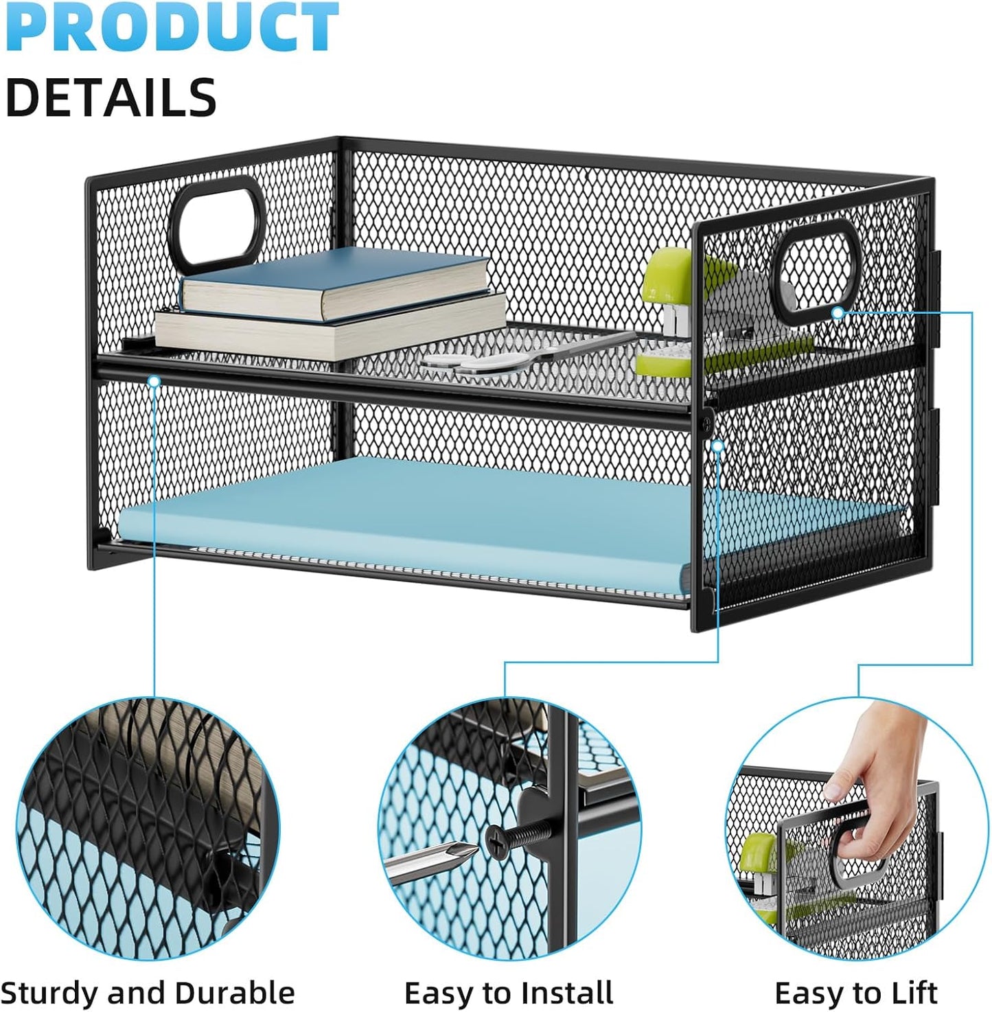 Marbrasse 2 Tier Paper Organizer Letter Tray, Mesh File Organizer with Handle, Paper Sorter Desk Organizer for Home Office Supplies - Black