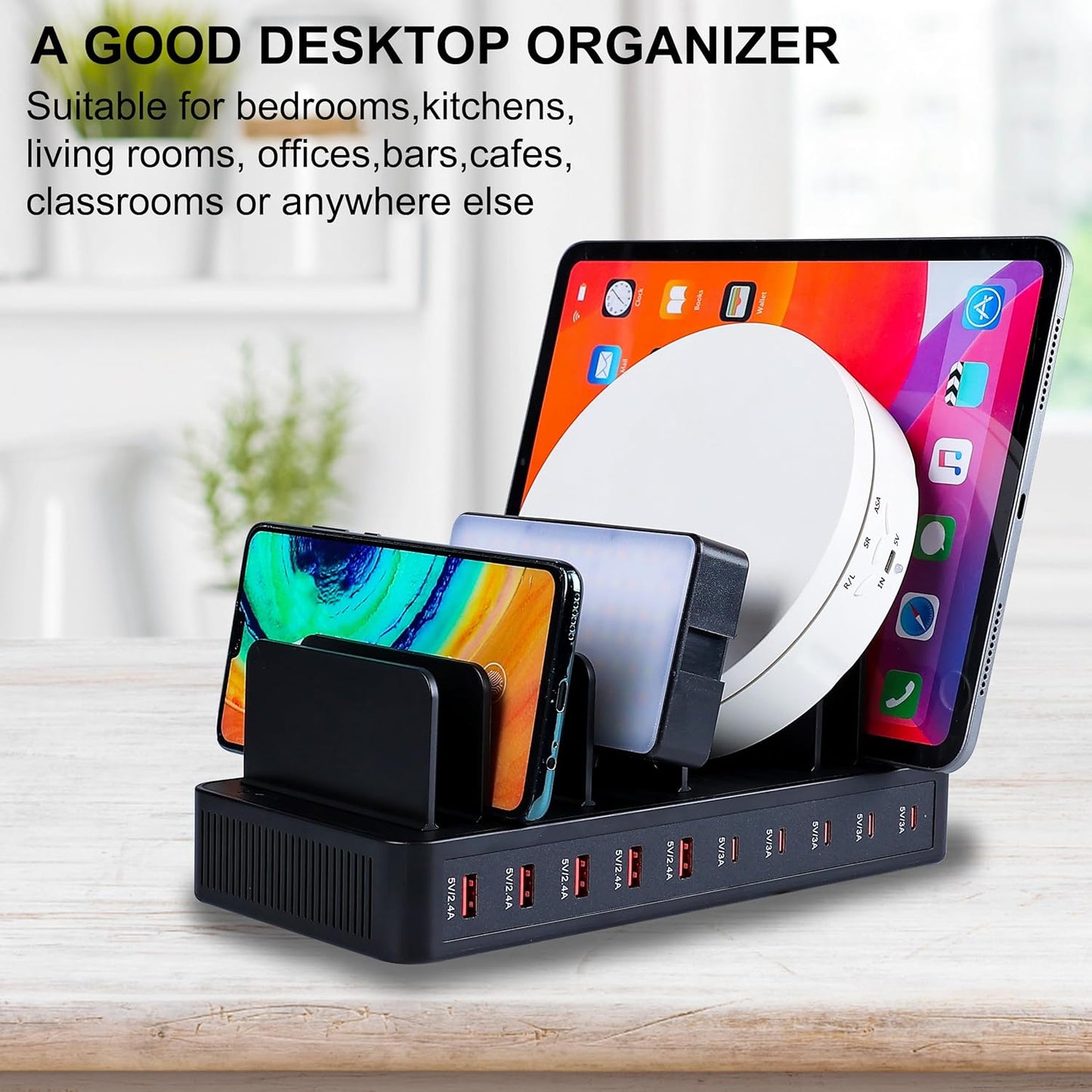100W 10-Port Smart Charging Station | 5 USB-A & 5 USB-C Ports | Organized Design for Cellphones, Tablets, Watches & More (Black)
