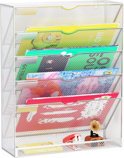 Wall File Organizer Holder Mesh Hanging Paper Document Holder,Vertical 6 Pocket Tier for Office Home, Black