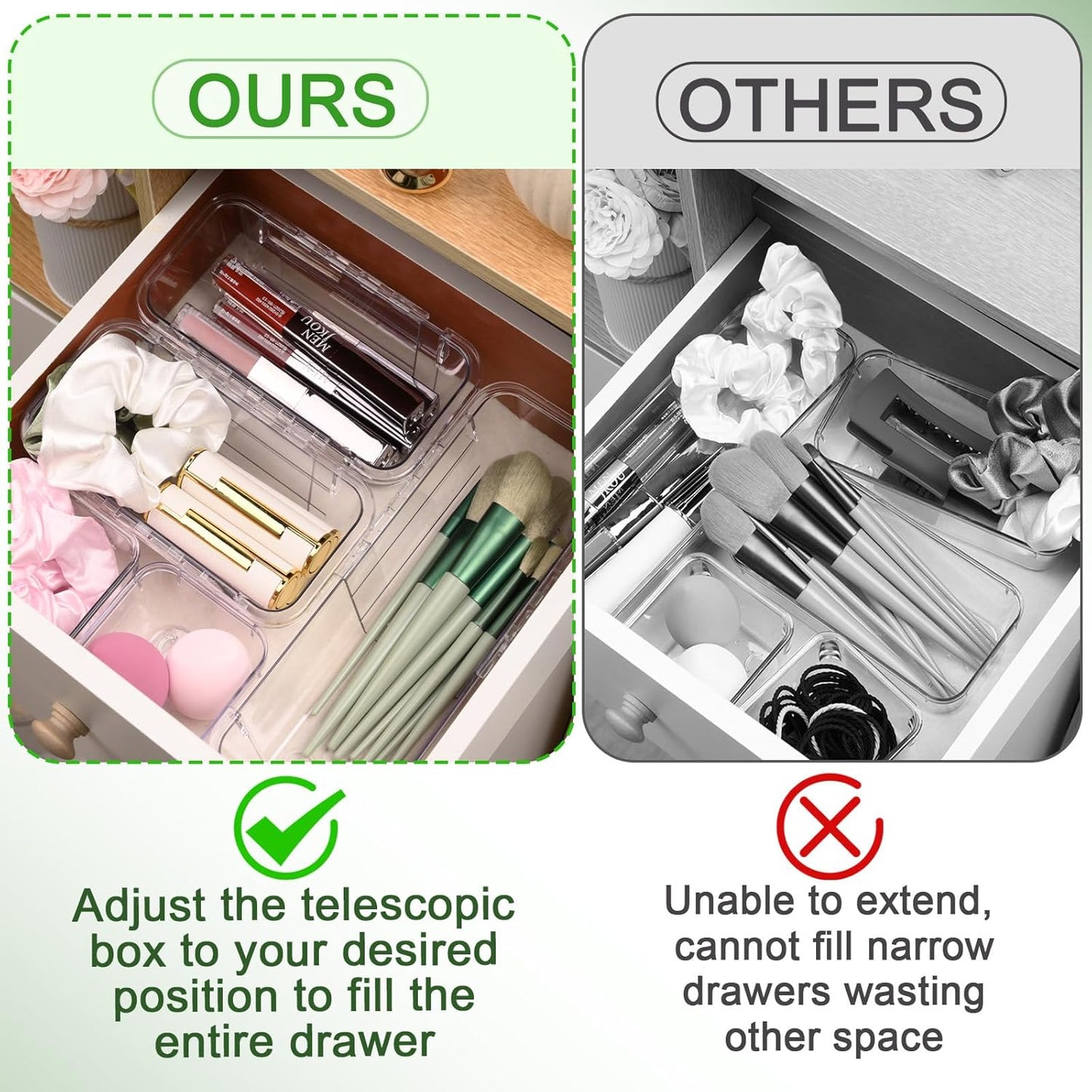 6 Pcs Clear Drawer Organizer, Adjustable Storage Bins (2 Sizes), Desk and Dresser Organizers for Makeup, Cosmetics, Kitchen Utensils, Bedroom, and Gadgets