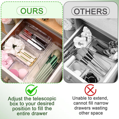 6 Pcs Clear Drawer Organizer, Adjustable Storage Bins (2 Sizes), Desk and Dresser Organizers for Makeup, Cosmetics, Kitchen Utensils, Bedroom, and Gadgets