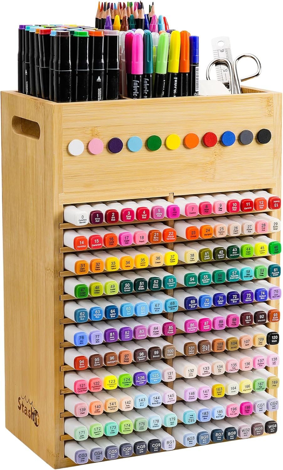 Marker Organizer for Desk - 154 Capacity Wooden Marker Holder - Ergonomic Handles - Additional Art Supply Storage Rack for 130 Alcohol Markers, Pens, and Pencils - Desktop Stand for Markers - Bamboo