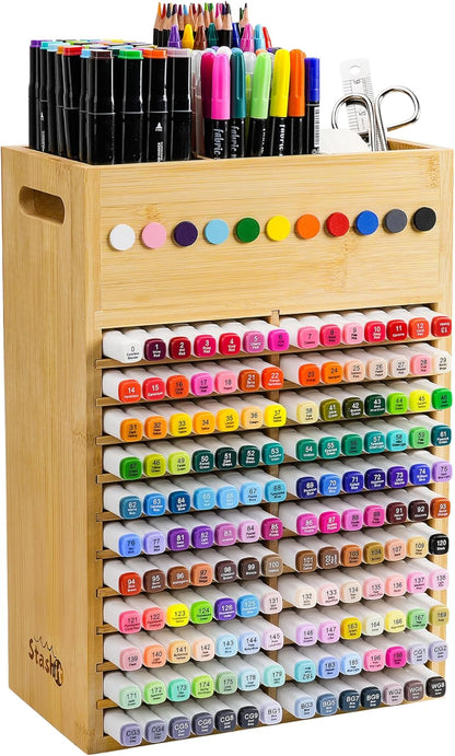 Marker Organizer for Desk - 154 Capacity Wooden Marker Holder - Ergonomic Handles - Additional Art Supply Storage Rack for 130 Alcohol Markers, Pens, and Pencils - Desktop Stand for Markers - Bamboo