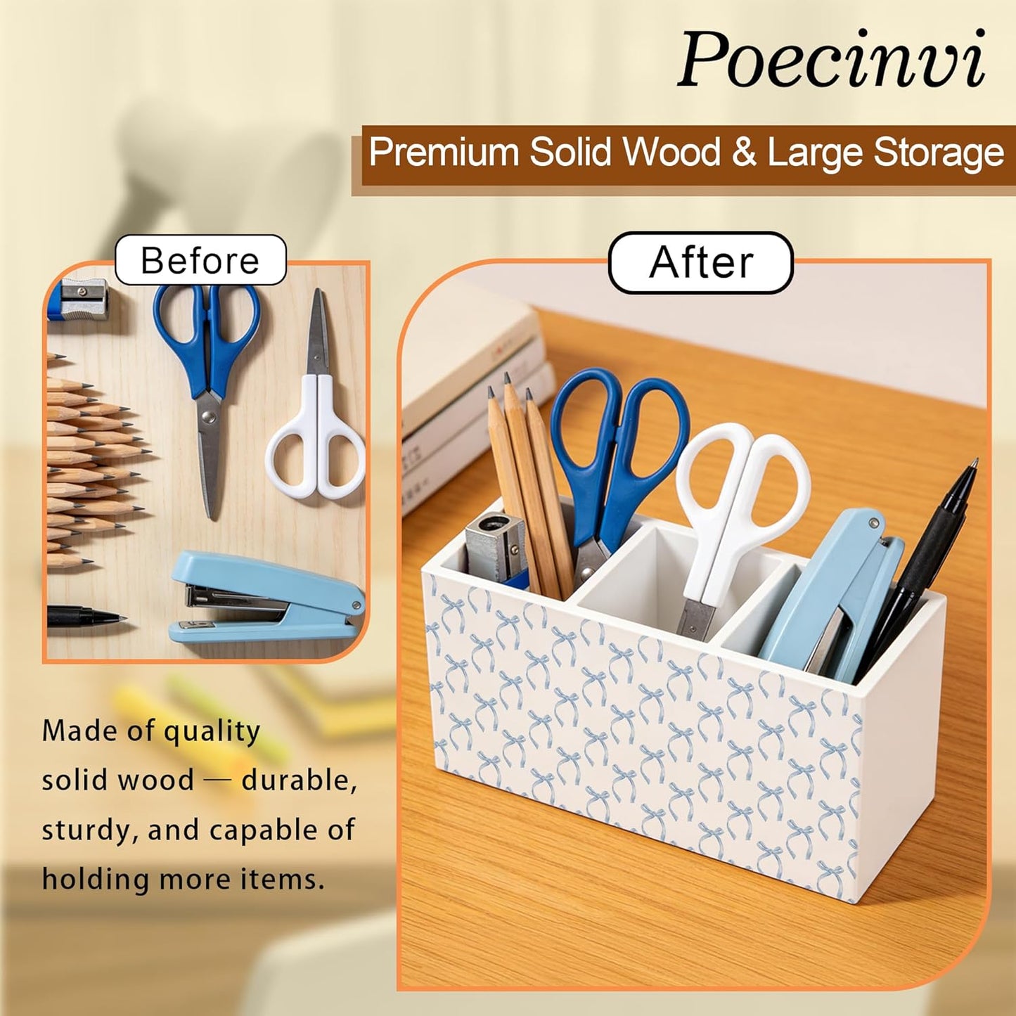 Blue Coquette Bow Pen Holder for Home Office Desk, Girly Office Decor, Preppy Blue Ribbon Bow Aesthetic Wooden Box Sign Pencil Holder for Desk Shelf Organizer