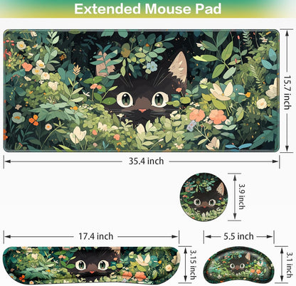 Desk Mat, Large Gaming Mouse Pad with Wrist Rest, 4in1 XXL Mousepad+Keyboard Wrist Rest+Mouse Pad Wrist Support+Cup Coaster Set Ergonomic Floral Computer Desk Arm Wrist for Decor Home Office Women