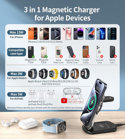 3 in 1 Magnetic Wireless Charging Station for Apple Devices, Fast Foldable Travel Mag-Safe Charger Stand with Night Light for iPhone 17 16 15 14 13 12 Series, Apple Watch/AirPods Pro, BU
