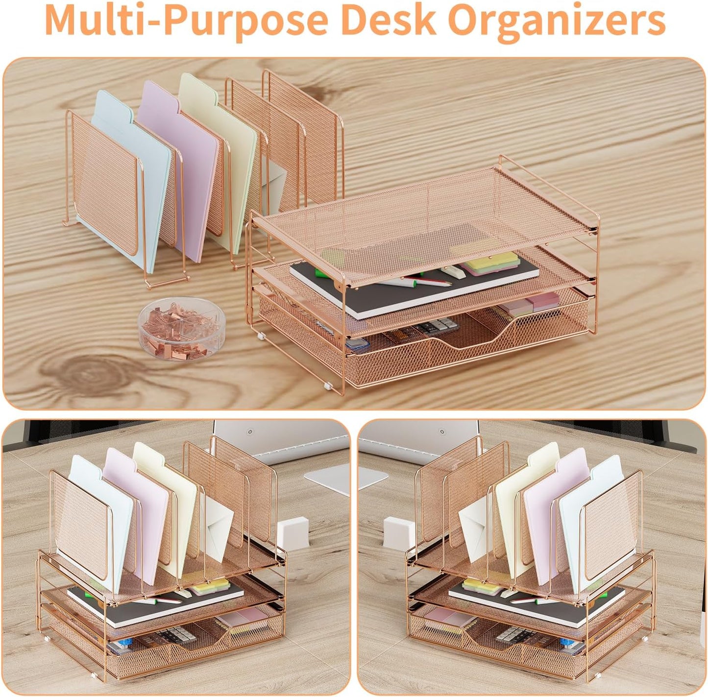 LEKETREE Desk Organizer, Office Organization with Vertical File Holder, File Organizer with Drawer and Pen Holder, Desk Accessories and Workspace Organizers for Home Office (Black)