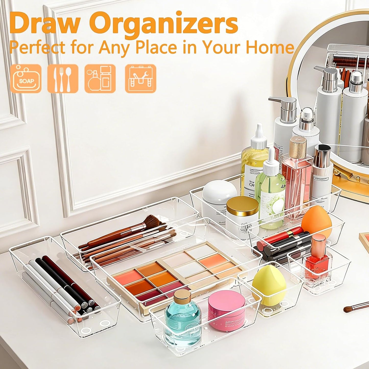 Clear Drawer Organizers Set of 13, 5-Size Vanity Organizer Trays, Stackable Bathroom & Desk Drawer Organizer for Makeup, Jewelry, Kitchen Utensils, Office Supplies and Small Gadgets Storage