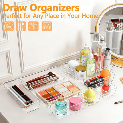Clear Drawer Organizers Set of 13, 5-Size Vanity Organizer Trays, Stackable Bathroom & Desk Drawer Organizer for Makeup, Jewelry, Kitchen Utensils, Office Supplies and Small Gadgets Storage