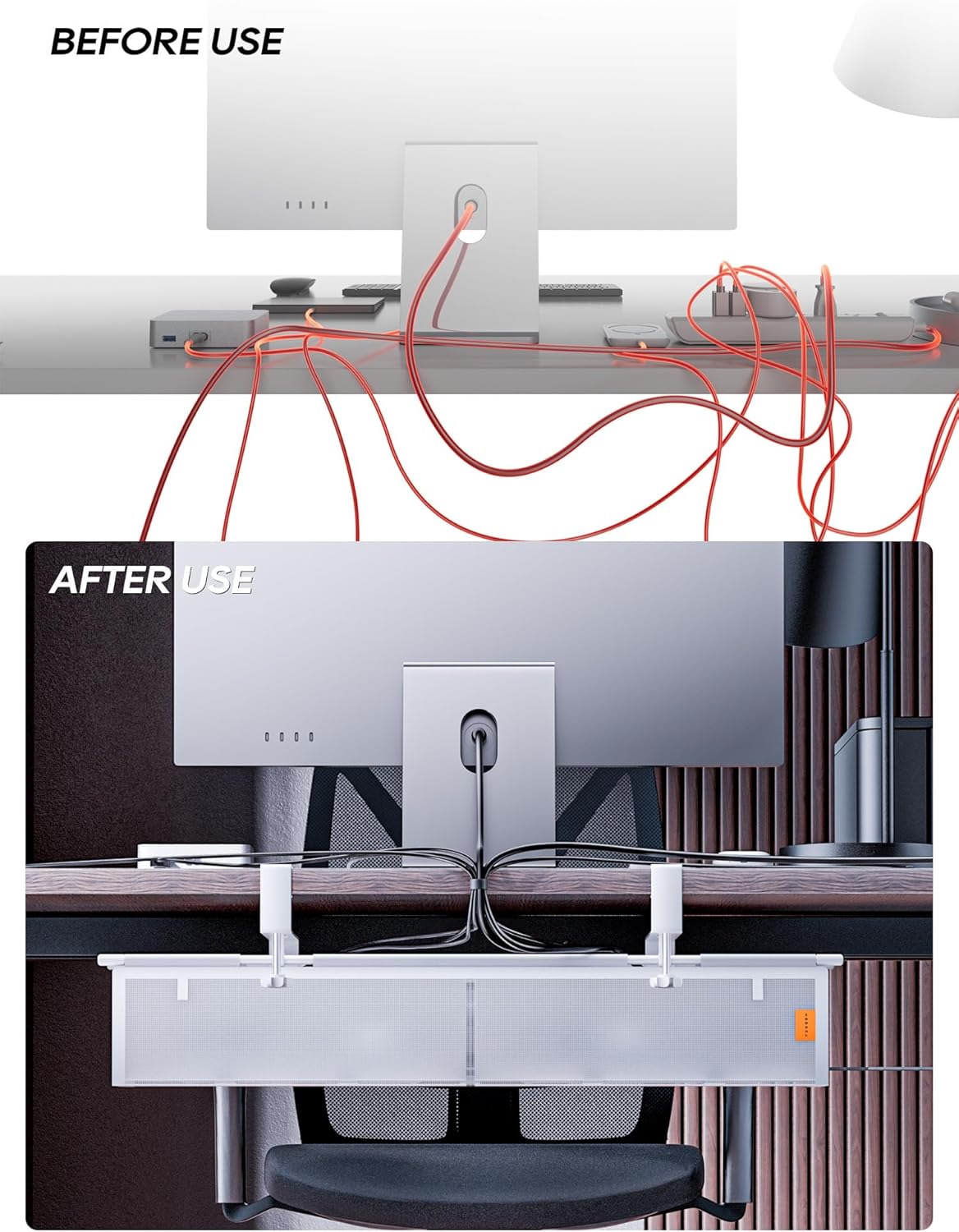 Under Desk Cable Management Tray No Drill, Cable Ties Included, Eco-Friendly Canvas Material, Mesh Design for Heat Dissipation, Cable Organizer/Storage for Standing Desk(27inch, Black)