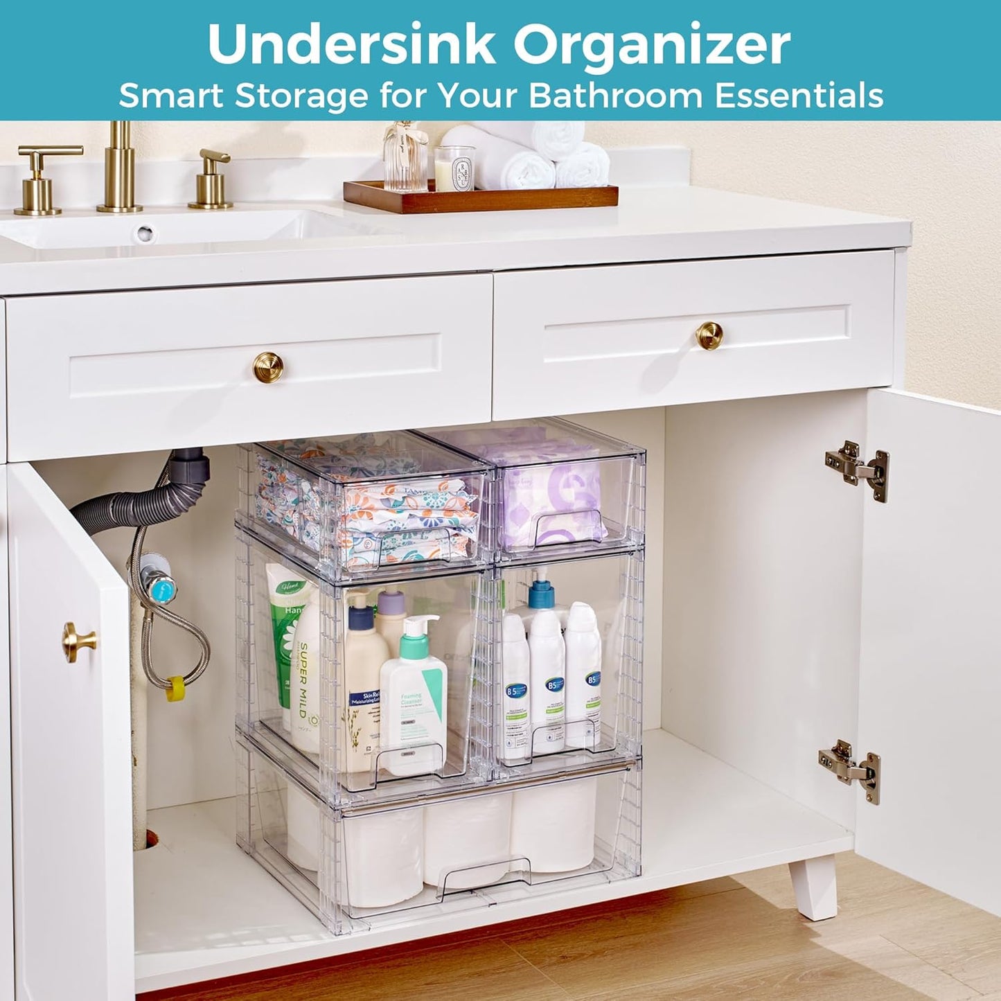 Vtopmart 4 Pack Clear Stackable Storage Drawers,Under Sink and Kitchen Organizers Storage,Easy to Assemble Plastic Drawers for Baby Bottle,Medicine, Bathroom,Cabinet and Pantry Organization
