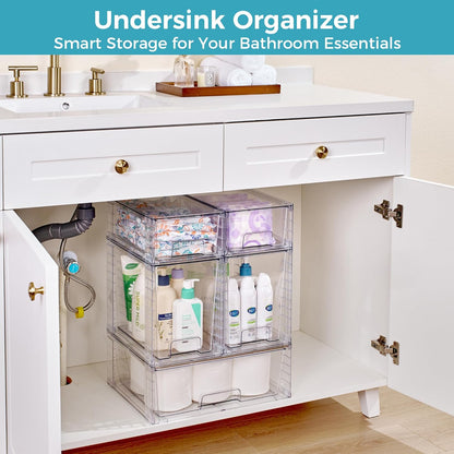 Vtopmart 4 Pack Clear Stackable Storage Drawers,Under Sink and Kitchen Organizers Storage,Easy to Assemble Plastic Drawers for Baby Bottle,Medicine, Bathroom,Cabinet and Pantry Organization