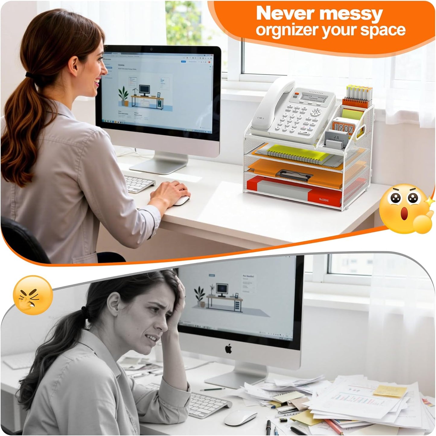 DocNest 4 Tier Metal Mesh Letter Tray - Space Saving Desk File Organizer with Handle, Pen Holder & Folder Holder - Desktop Document Sorter for Office, Home, School, Classroom - Black