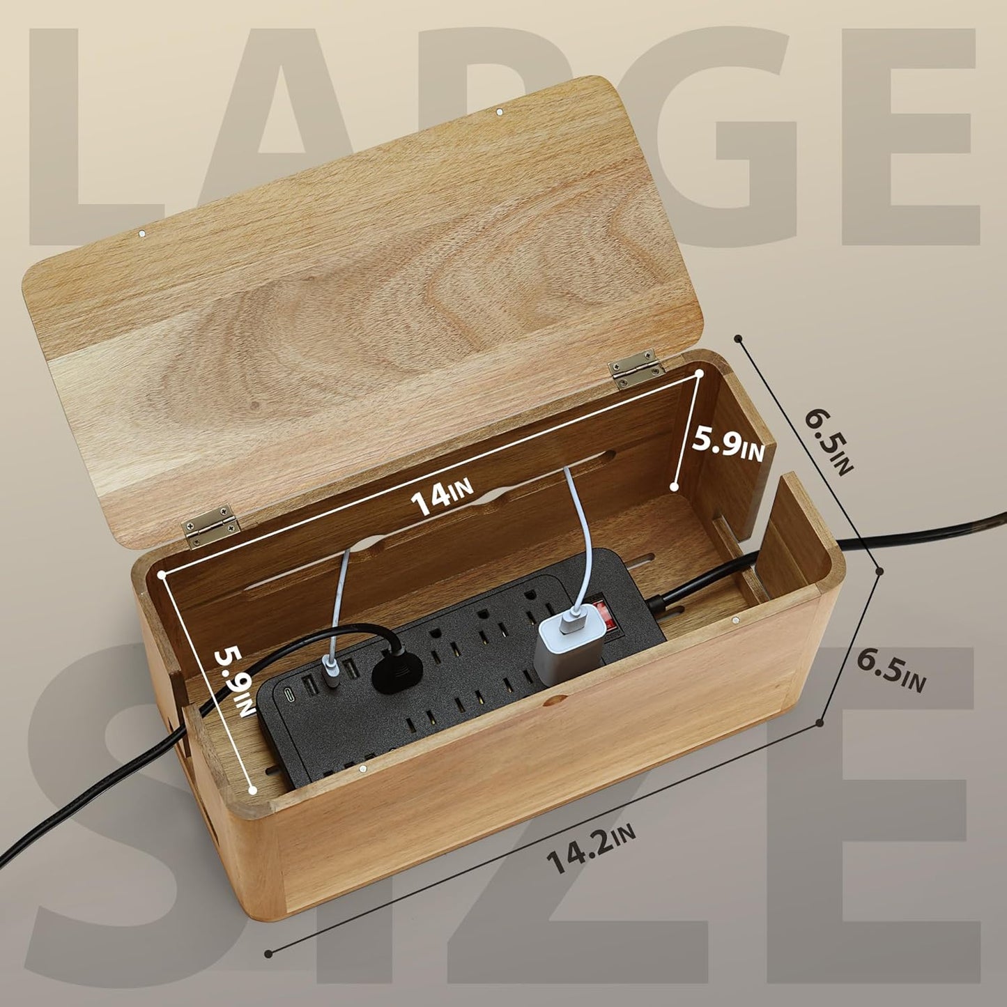 Large Acacia Wood Style Cable Management Box, Cord Organizer Power Strip Box with Magnetic Outlet Covers, Cord Hider for Desk and Floor Cable Storage, Ventilated Design
