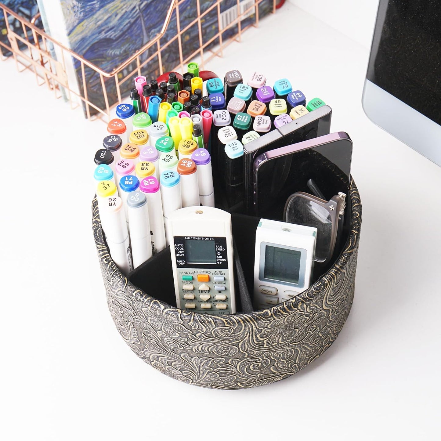 lizimandu Round Leather Art Supply Organizer,Remote Control Holder,360 Degree Spinning,Multi-Functional Pencil Holder,4 Compartments Desktop Stationary Organizer(1-Gold) - Colors A