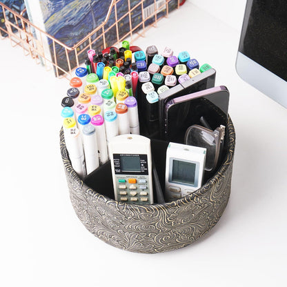 lizimandu Round Leather Art Supply Organizer,Remote Control Holder,360 Degree Spinning,Multi-Functional Pencil Holder,4 Compartments Desktop Stationary Organizer(1-Gold) - Colors A