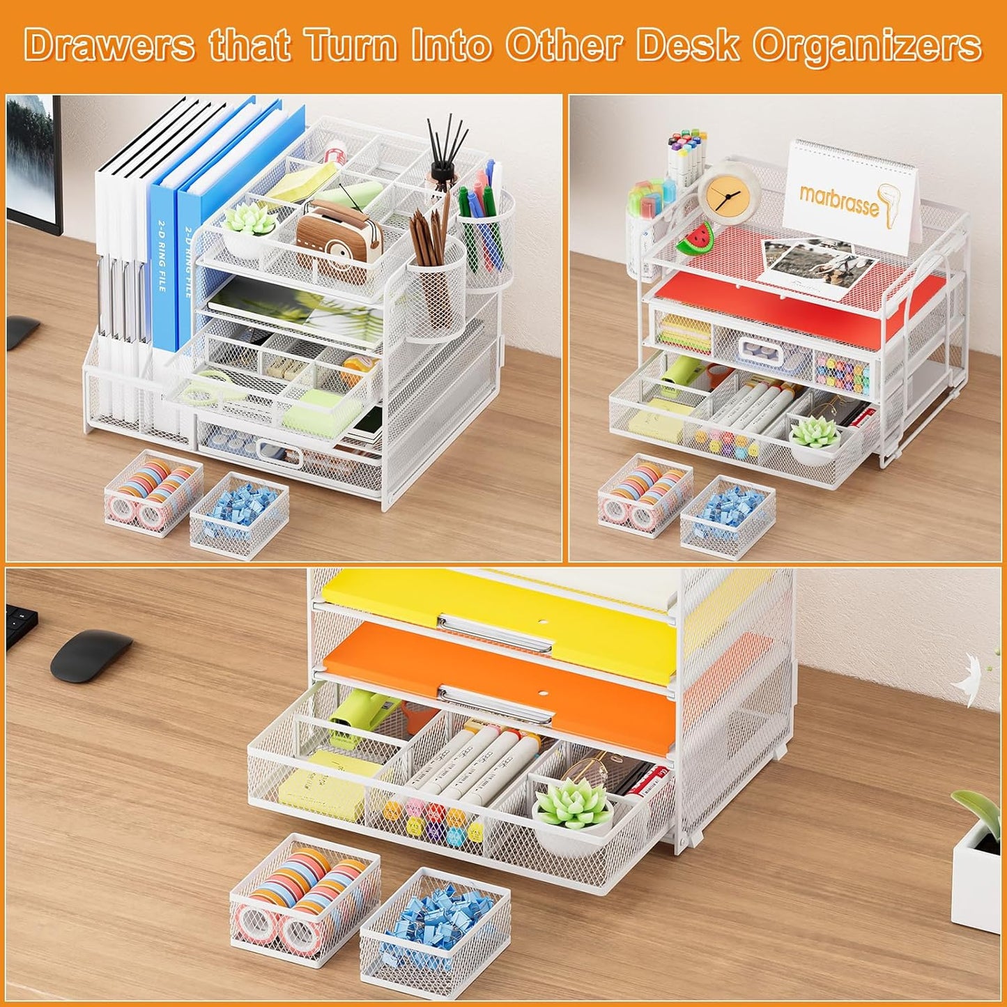 Marbrasse 3 Packs Desk Drawer Organizers, Metal Mesh Dividers Desk Drawer Organizer Tray with 9 Adjustable Compartments, Pen Organizer for Drawer Tray Box Accessories for Desktop,Kitchen, Makeup
