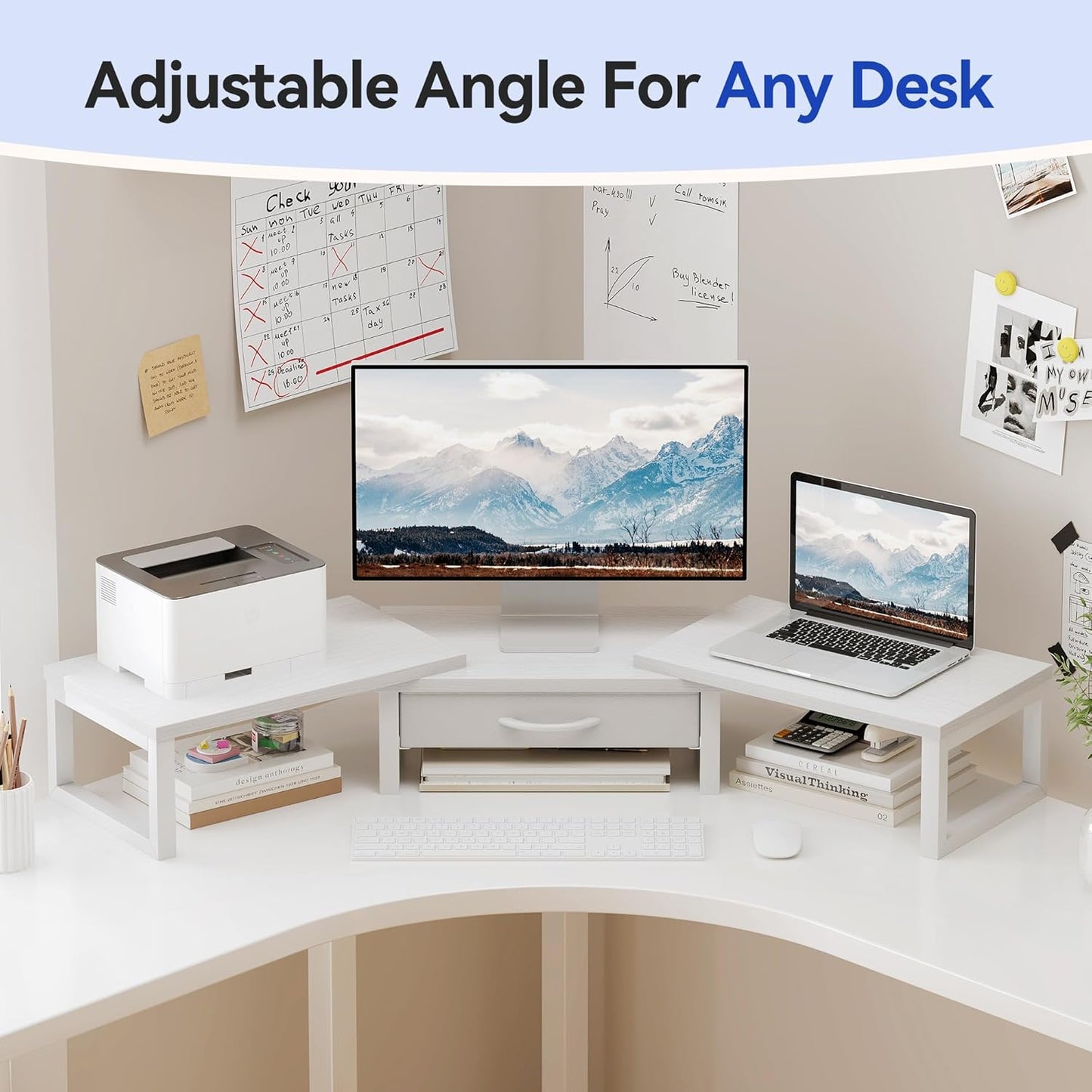 Dual Monitor Stand Riser, Desk Organizers and Accessories with Drawer, Computer Monitor Stands for Desk, Adjustable Desktop Shelf for PC Laptop Printer TV, Black