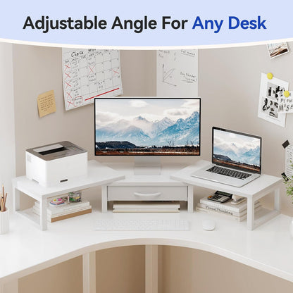 Dual Monitor Stand Riser, Desk Organizers and Accessories with Drawer, Computer Monitor Stands for Desk, Adjustable Desktop Shelf for PC Laptop Printer TV, Black